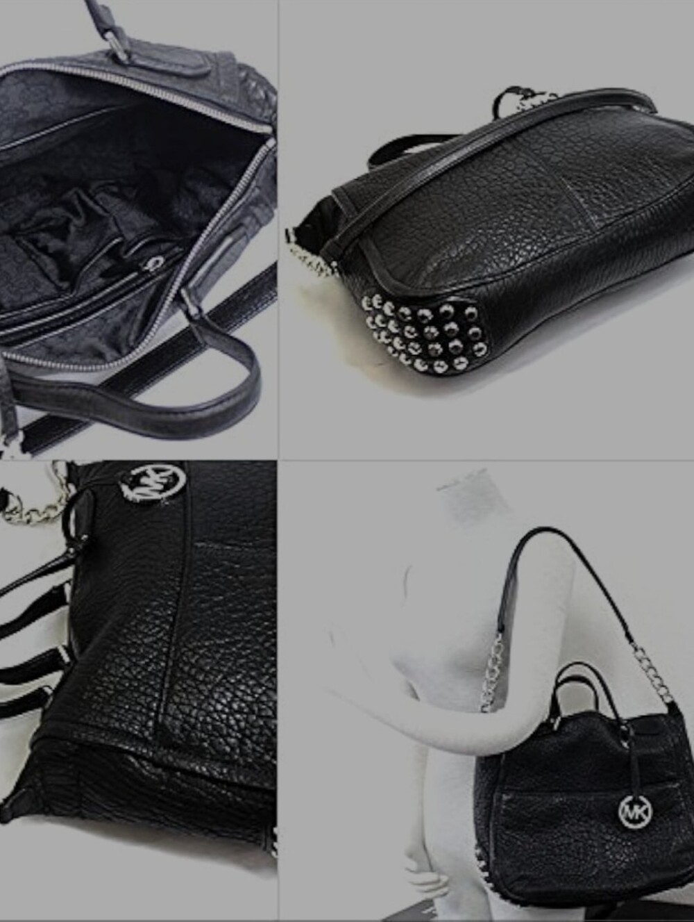 Michael Kors Shelley Studded Leather Satchel Bag - Black/Silver Vintage